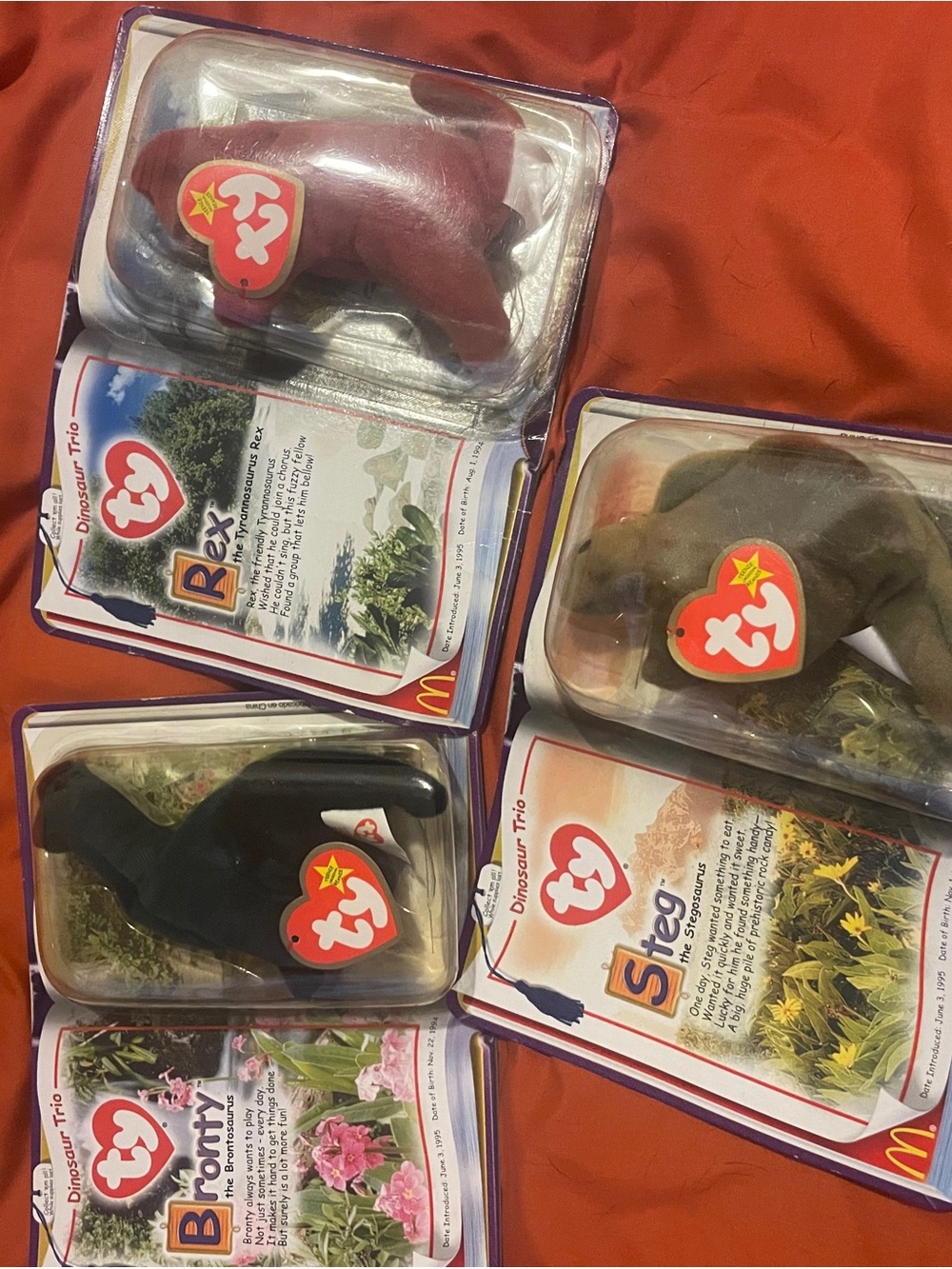 Ty Beanie Babies Dinosaur Trio Plushes - Red, Black, Olive, Burgundy
